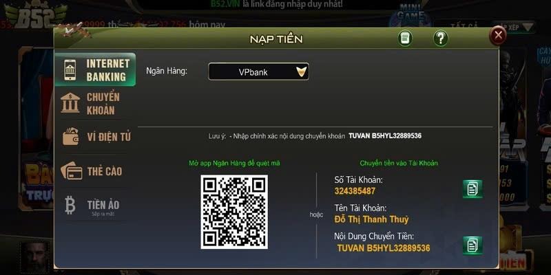 B52 Club hỗ trợ nạp tiền qua Internet Banking