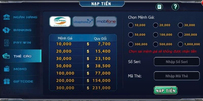 B52 Club hỗ trợ nạp tiền qua thẻ cào
